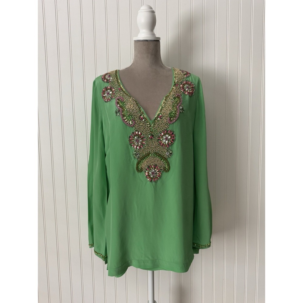 Boston Proper Women's Lightweight Beaded Tunic Top Blouse Green Pink Size Medium